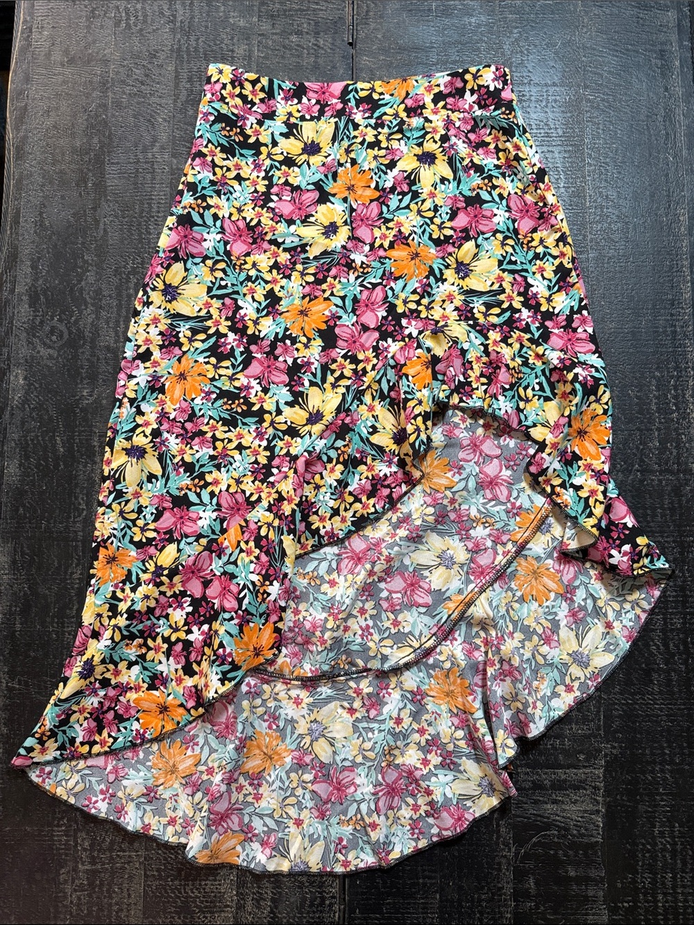SHEIN Black Floral Asymmetrical Ruffle Midi Skirt
